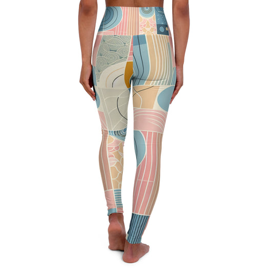 Contemporary Pastel Leggings - Stylish Comfort in Soft Pink, Blue, Yellow & Green Hues photographed from behind to highlight the unique design and high-waisted silhouette, perfect for any modern outfit.