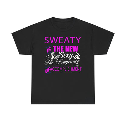 Elegant black motivational t-shirt showcasing a chic design with the phrase 'SWEATY IS THE NEW SEXY' in striking pink and black typography, perfect for fitness lovers.