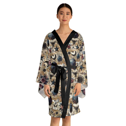 Floral Kimono Robe for women, featuring intricate floral and celestial patterns with black accents. A luxurious designer lounge wear piece perfect for elegant relaxation.