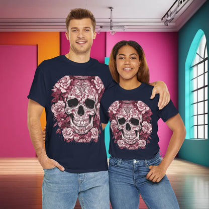 Skulls and Roses Cotton Tee – Unisex Graphic Shirt modelled by a couple, featuring a captivating skull and roses design on a navy background, perfect for making a fashion statement.