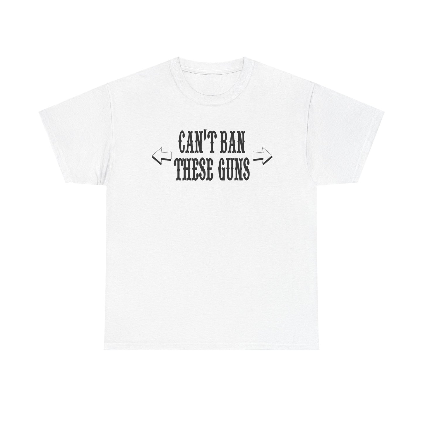 Luxurious white motivational men's t-shirt featuring the phrase 'Can't Ban These Guns' in striking typography, perfect for gym enthusiasts.