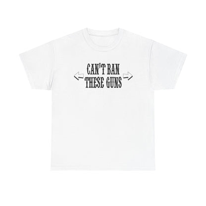 Luxurious white motivational men's t-shirt featuring the phrase 'Can't Ban These Guns' in striking typography, perfect for gym enthusiasts.