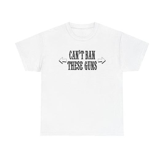 Luxurious white motivational men's t-shirt featuring the phrase 'Can't Ban These Guns' in striking typography, perfect for gym enthusiasts.