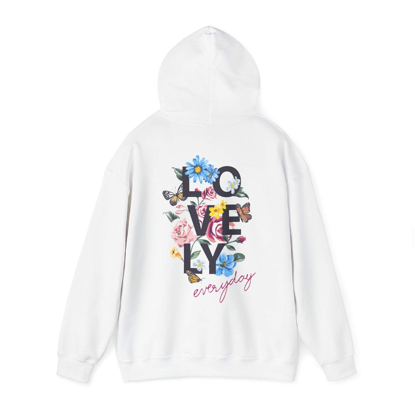 Chic white hoodie with a captivating floral graphic and graceful lettering, a perfect blend of comfort and style.