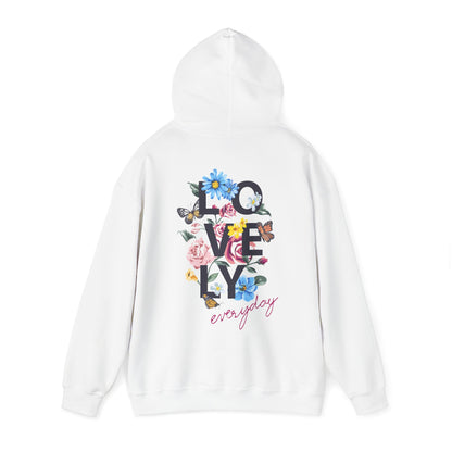 Chic white hoodie with a captivating floral graphic and graceful lettering, a perfect blend of comfort and style.