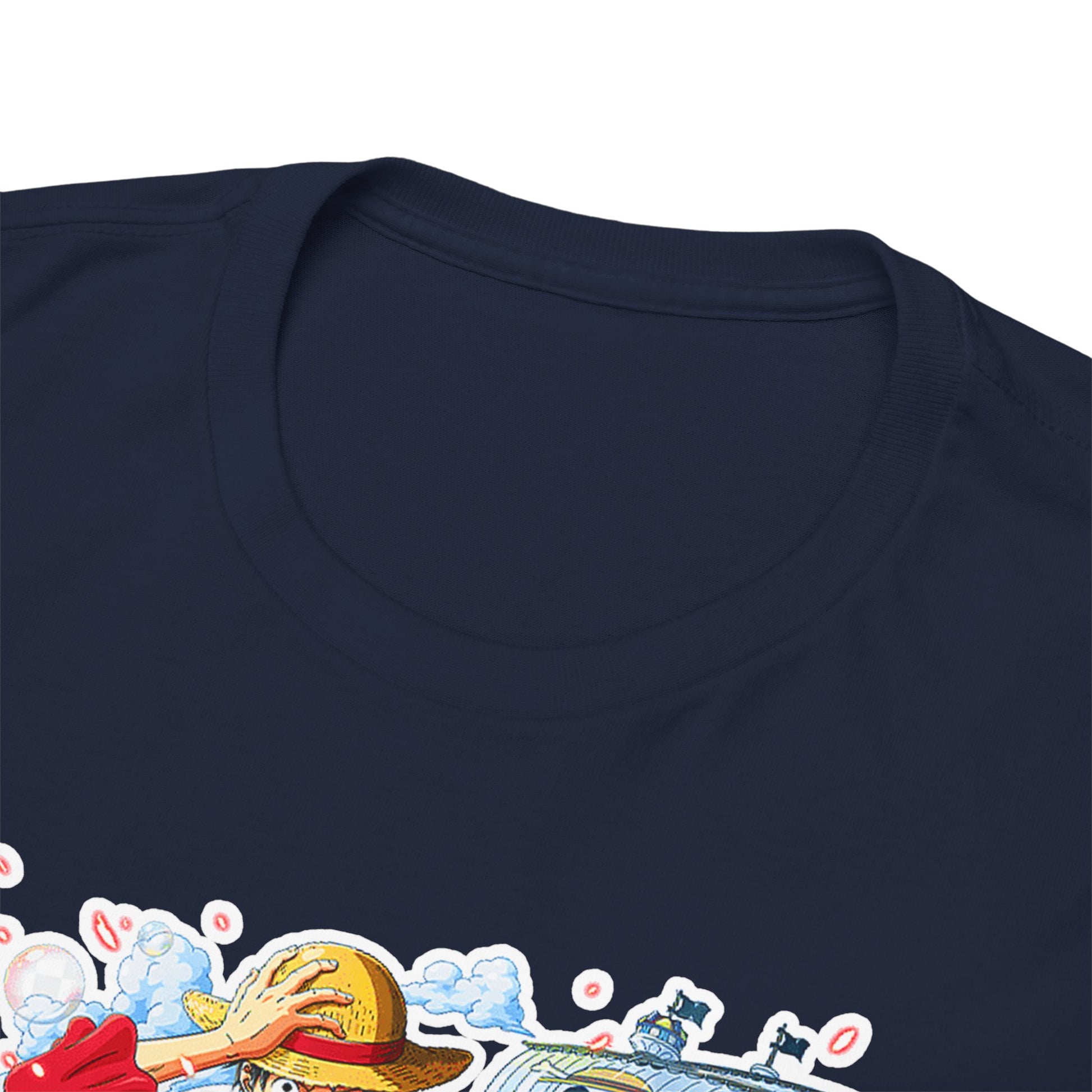 Close-up view of a premium navy men's t-shirt highlighting the high-quality fabric and beautiful anime design, ideal for discerning fans.