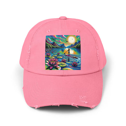 Fashionable Unisex Distressed Paddleboarders Cap adorned with a stunning paddleboarding artwork and vibrant nature elements, a must-have for luxury lifestyle.