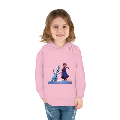 Adorable girl smiling in a Girls Olaf Frozen Hoodie in pink, showcasing a charming print of Olaf and Anna, ideal for little Frozen fans aged 2 to 5.