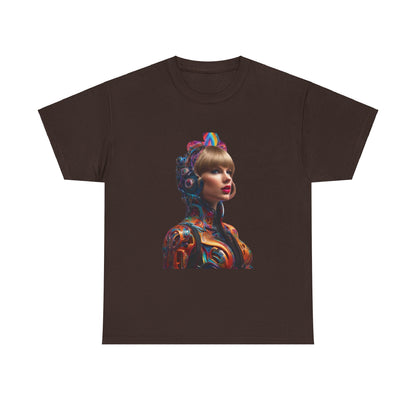 Swifties psychedelic Taylor Swift Heavy Cotton Tee displayed in a rich brown colour, featuring a vibrant psychedelic image of Taylor Swift, perfect for fans who wish to showcase their love for the iconic artist.