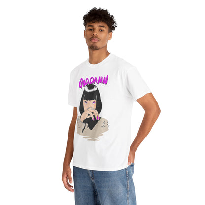 Model wearing a luxurious white unisex T-shirt with bold 'GOOD DAMN' artwork, embodying contemporary style and artistic flair, perfect for statement dressing.