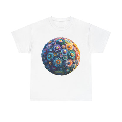 Iridescent Floral Sphere Unisex Cotton Tee Graphic T-Shirt in white, featuring stunning iridescent floral sphere artwork, ideal for chic and comfortable outings.