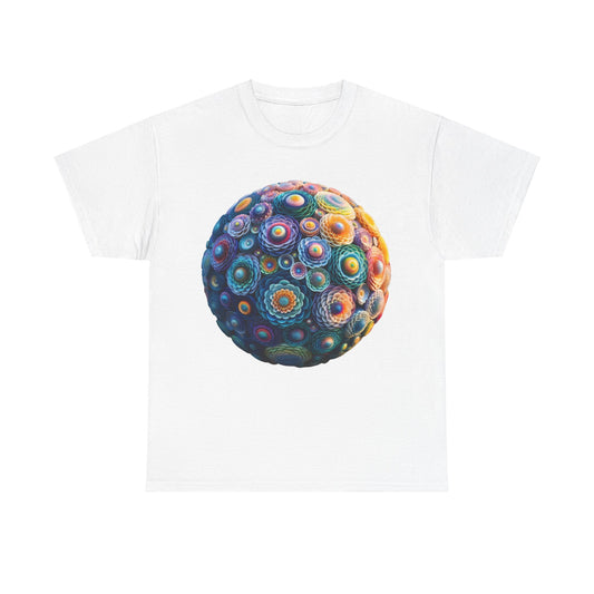 Iridescent Floral Sphere Unisex Cotton Tee Graphic T-Shirt in white, featuring stunning iridescent floral sphere artwork, ideal for chic and comfortable outings.