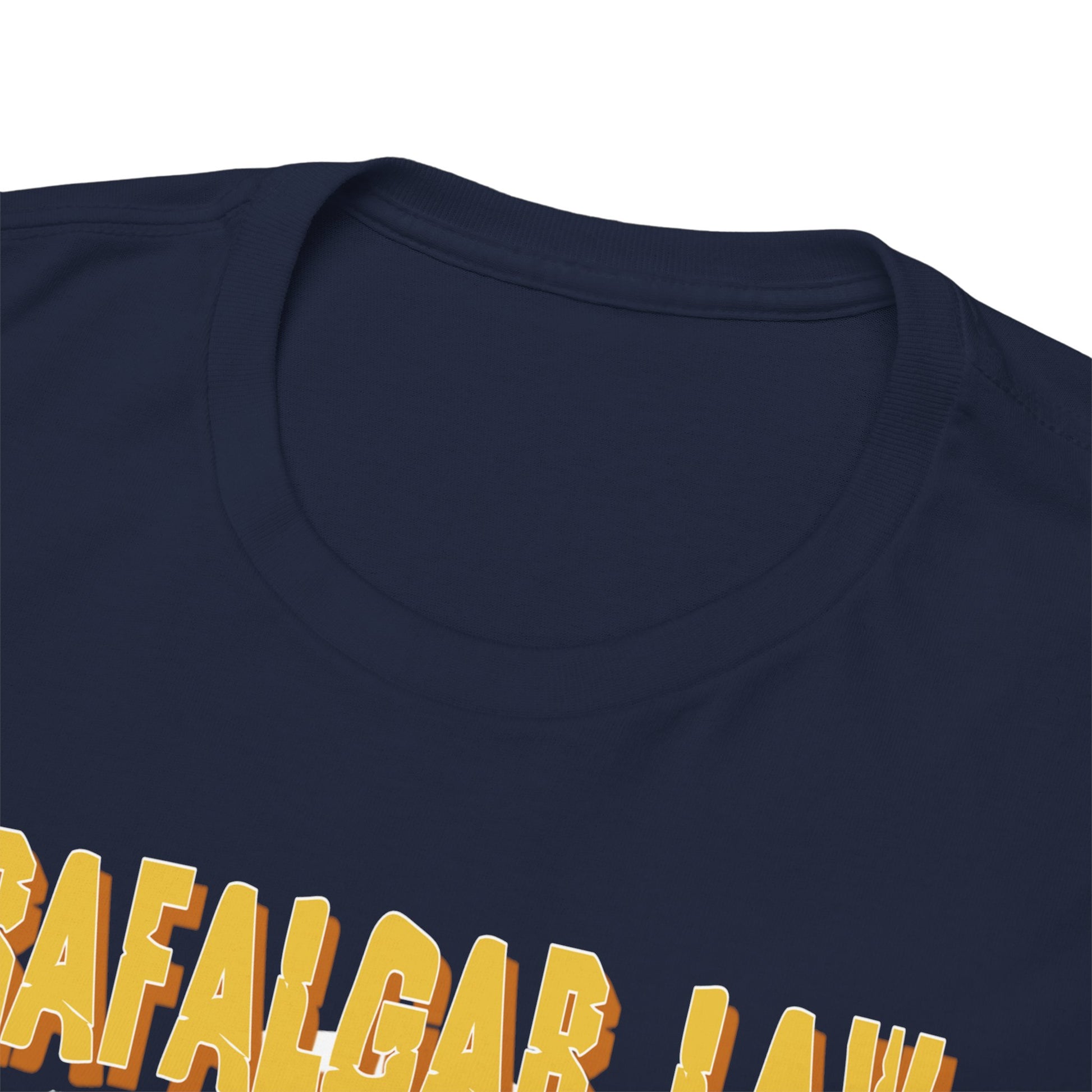 Close-up view of the round neck collar of a premium navy blue t-shirt featuring stylish lettering of 'Trafalgar Law', perfect for anime enthusiasts.