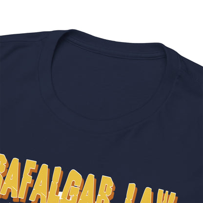 Close-up view of the round neck collar of a premium navy blue t-shirt featuring stylish lettering of 'Trafalgar Law', perfect for anime enthusiasts.