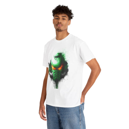 A stylish model showcases a white graphic t-shirt with an artistic green and black helmet print, emphasising modern urban aesthetics and trendy streetwear fashion.