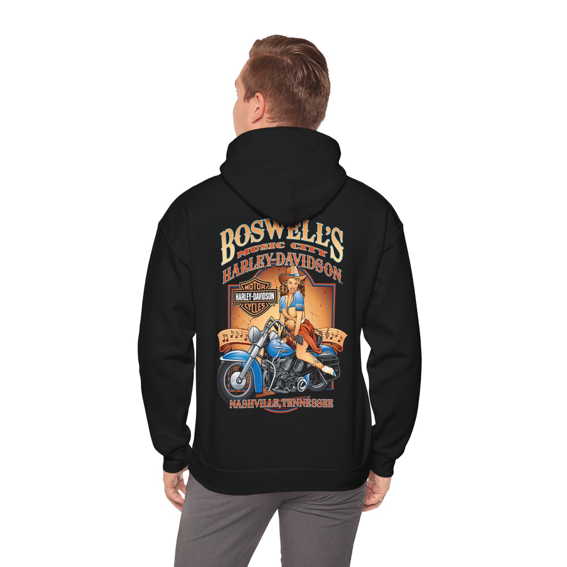 Luxury vintage back print hoodie featuring a stunning illustration of a pin-up woman on a classic motorcycle, showcasing bold branding for Boswell's Music City and Harley-Davidson, ideal for fashion-forward adventure seekers.