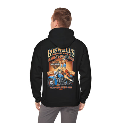 Luxury vintage back print hoodie featuring a stunning illustration of a pin-up woman on a classic motorcycle, showcasing bold branding for Boswell's Music City and Harley-Davidson, ideal for fashion-forward adventure seekers.