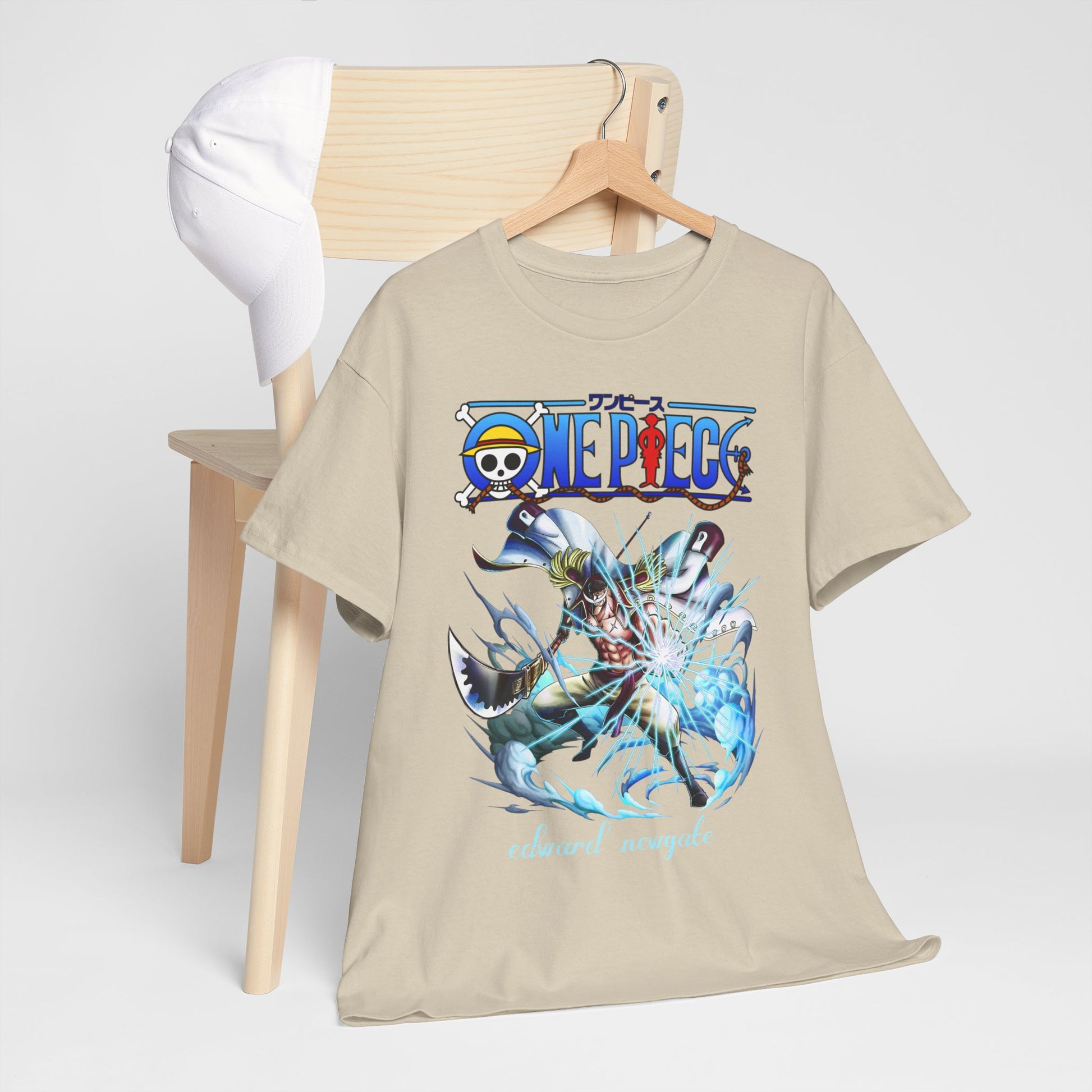 Chic One Piece t-shirt featuring Edward Newgate artwork, elegantly hung on a wooden hanger, perfect for everyday fashion.