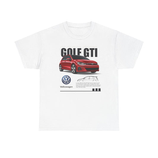 Men's GTI T-Shirt in White featuring a striking red Volkswagen Golf GTI graphic, showcasing iconic car design and engineering excellence.