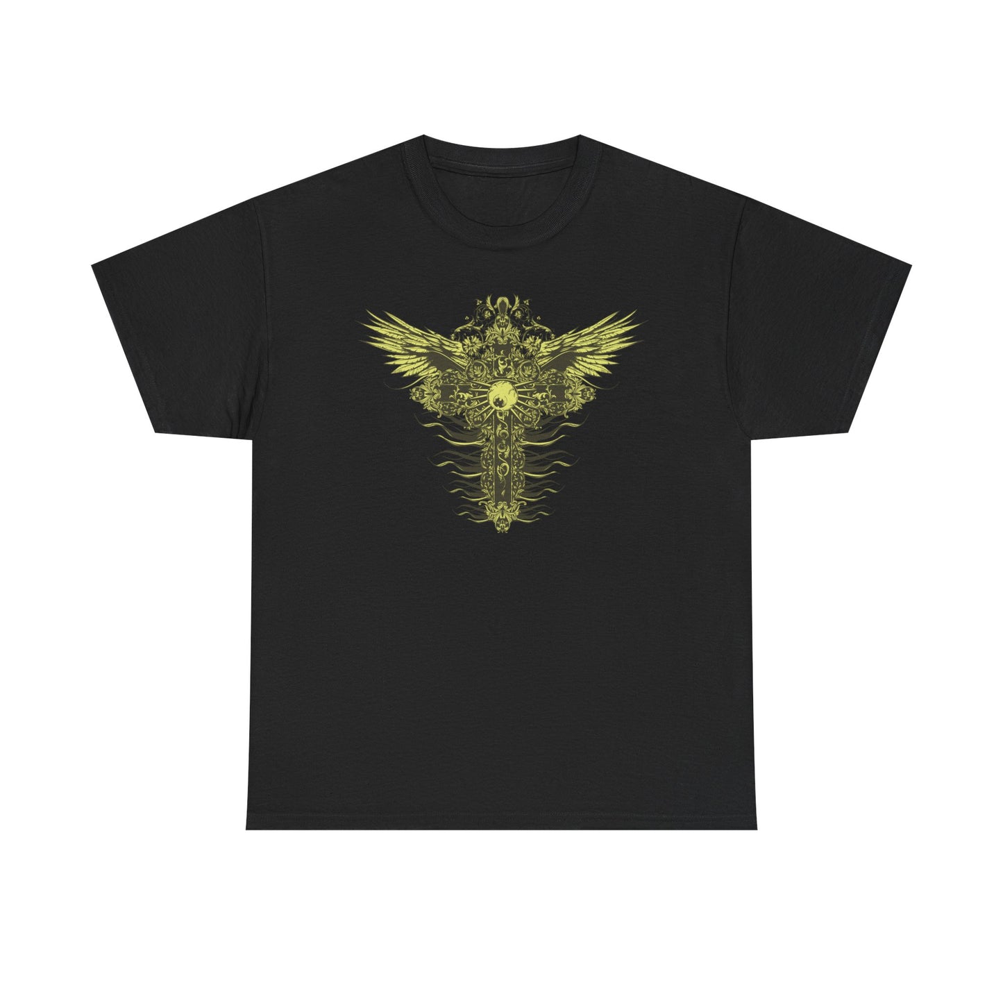 Elegant black men's t-shirt showcasing a unique graphic of intricate cross and majestic wings in striking yellow-gold tones.