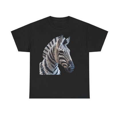 Zebra Elegance Unisex Graphic T-Shirt featuring a striking zebra sculpture design on a sleek black fabric, perfect for art and fashion lovers.