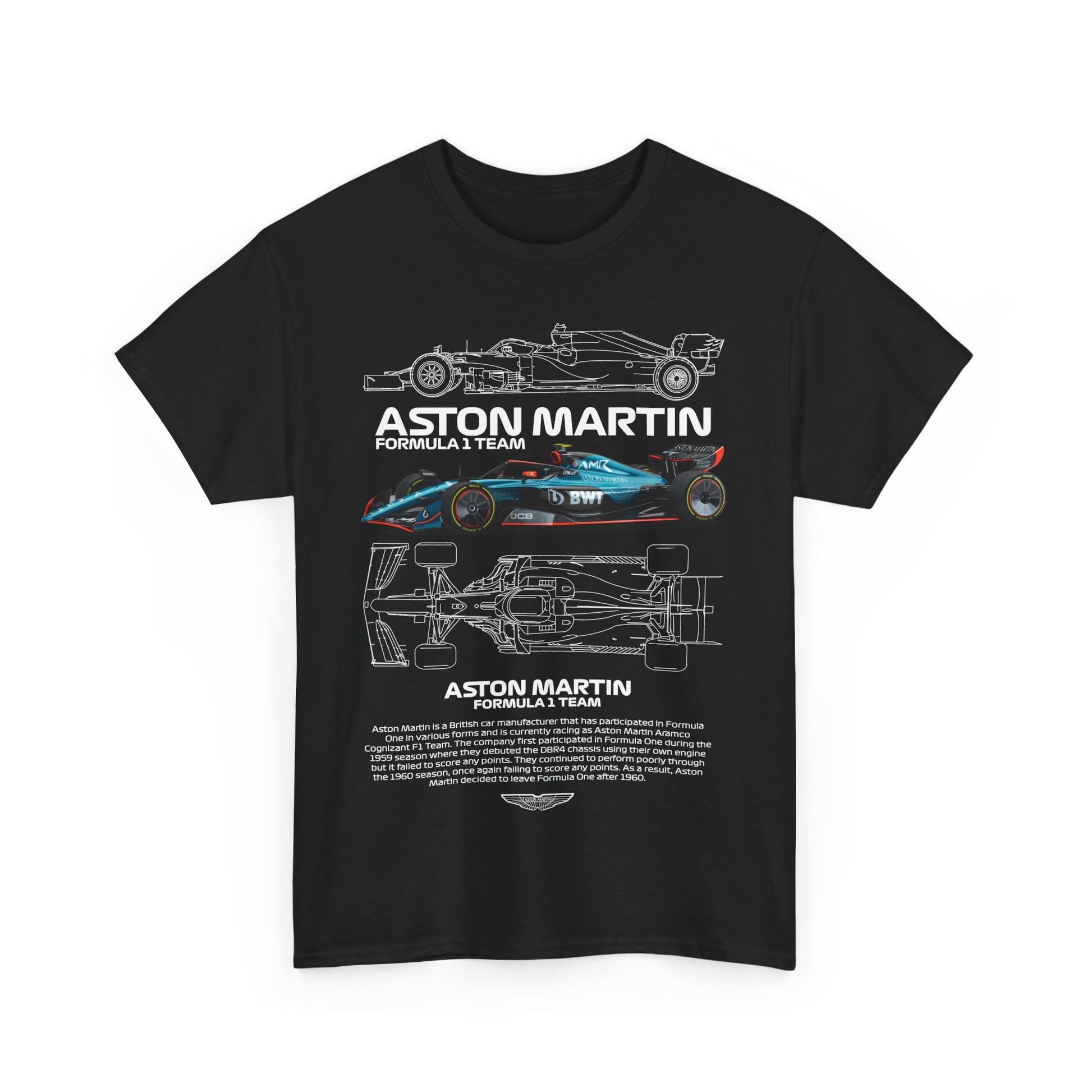 Aston Martin F1 Team Men's T-Shirt in sleek black, adorned with intricate race car graphics and bold team branding, perfect for motorsport enthusiasts.