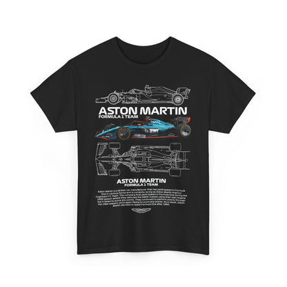 Front view of an elegant black men's t-shirt featuring intricate Aston Martin Formula 1 graphics.