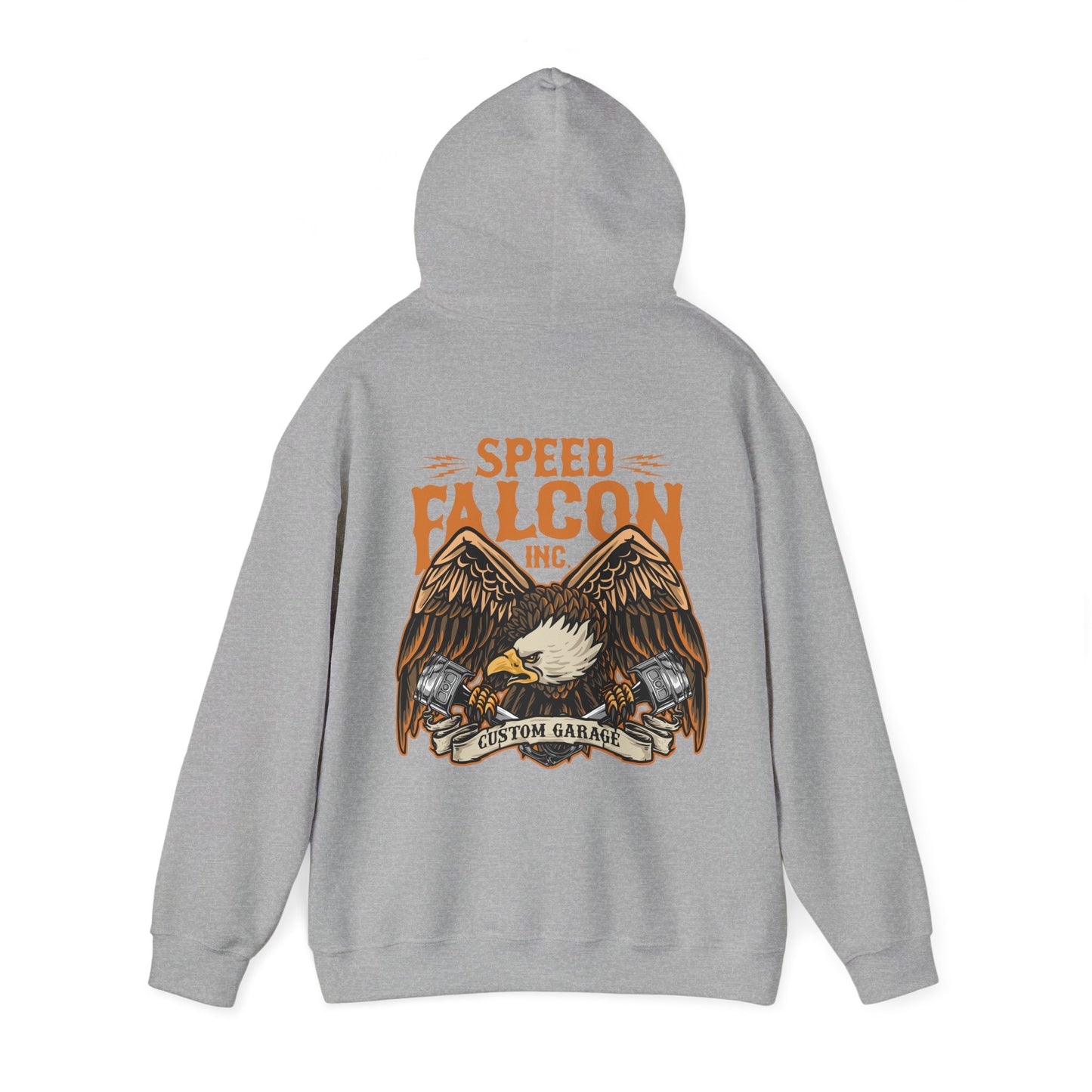 Stylish grey hoodie adorned with an intricate eagle illustration and bold lettering of 'SPEED FALCON INC.', illustrating a blend of luxury and adventure.