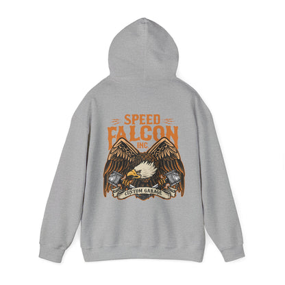Stylish grey hoodie adorned with an intricate eagle illustration and bold lettering of 'SPEED FALCON INC.', illustrating a blend of luxury and adventure.