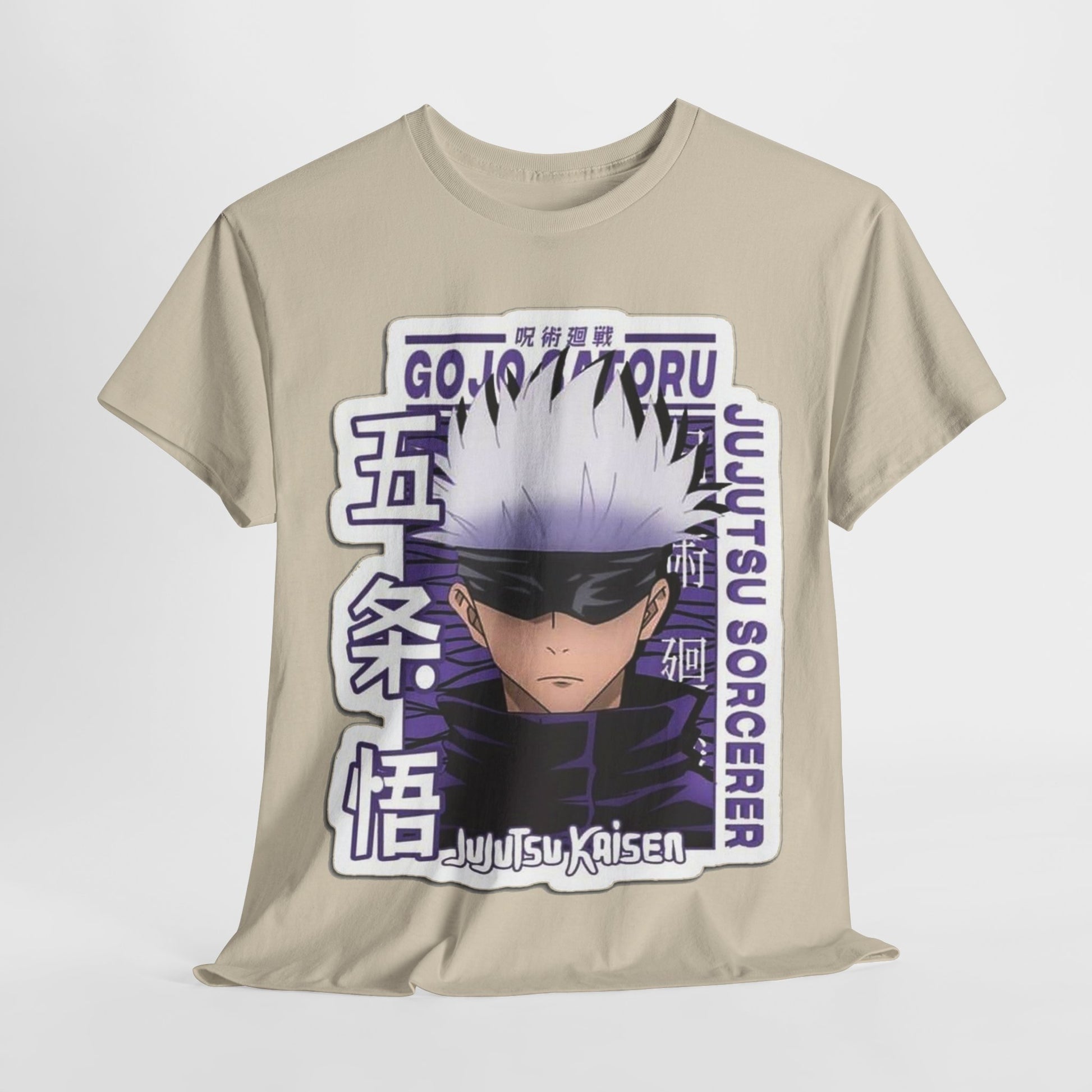 Elegant Gojo Satoru T-shirt in beige, prominently displaying artistic design inspired by Jujutsu Kaisen, perfect for discerning anime fans.
