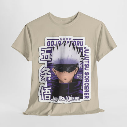 Elegant Gojo Satoru T-shirt in beige, prominently displaying artistic design inspired by Jujutsu Kaisen, perfect for discerning anime fans.