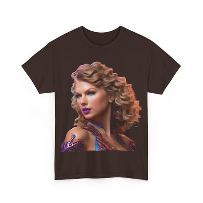 Swifties psychedelic Taylor Swift Heavy Cotton Tee in rich brown, with a striking artistic image of Taylor Swift, ideal for fashionable fans.