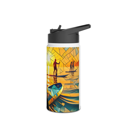 Fantasy Paddleboarding Stainless Steel Water Bottle with a vibrant mosaic design featuring paddleboarders at sunset, perfect for stylish outdoor adventures.