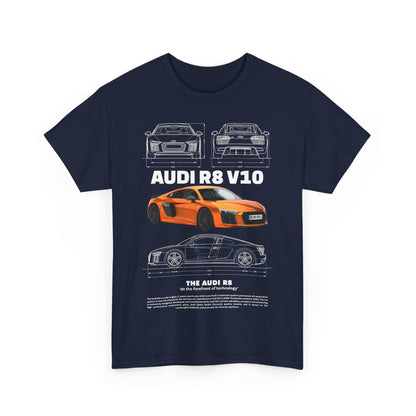 Exquisite front view of the navy blue men's Audi R8 V10 t-shirt, featuring a striking graphic of the Audi R8 V10 sports car with intricate design details.