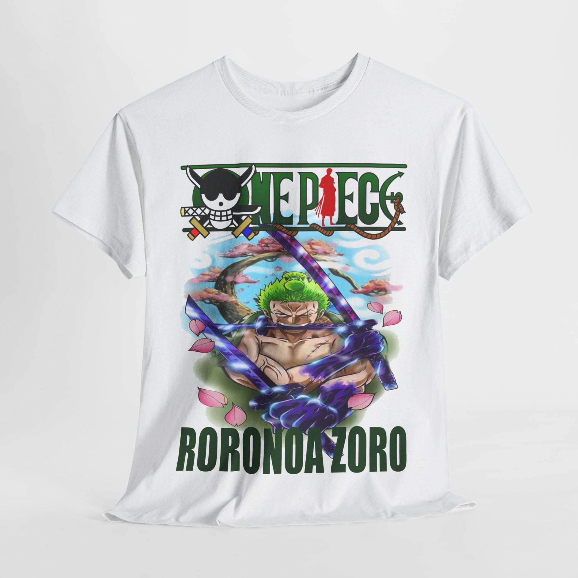 Elegant white t-shirt adorned with an artistic portrayal of Roronoa Zoro from anime, surrounded by pink cherry blossom elements, designed for fashion-forward fans.