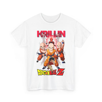 Stylish front view of the Krillin & Z Fighters T-shirt featuring a vibrant graphic of iconic characters from Dragon Ball Z, designed with an elegant touch.