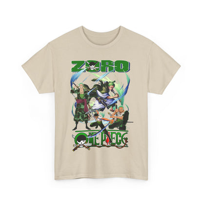 Elegant One Piece graphic t-shirt featuring dynamic illustrations of Zoro and companions, perfect for anime enthusiasts.