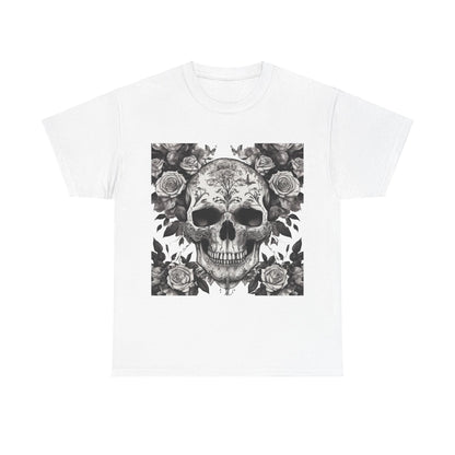 Skulls and Roses Cotton Tee in white, highlighting a striking steampunk design with detailed skull and rose motifs, ideal for making a bold fashion statement.