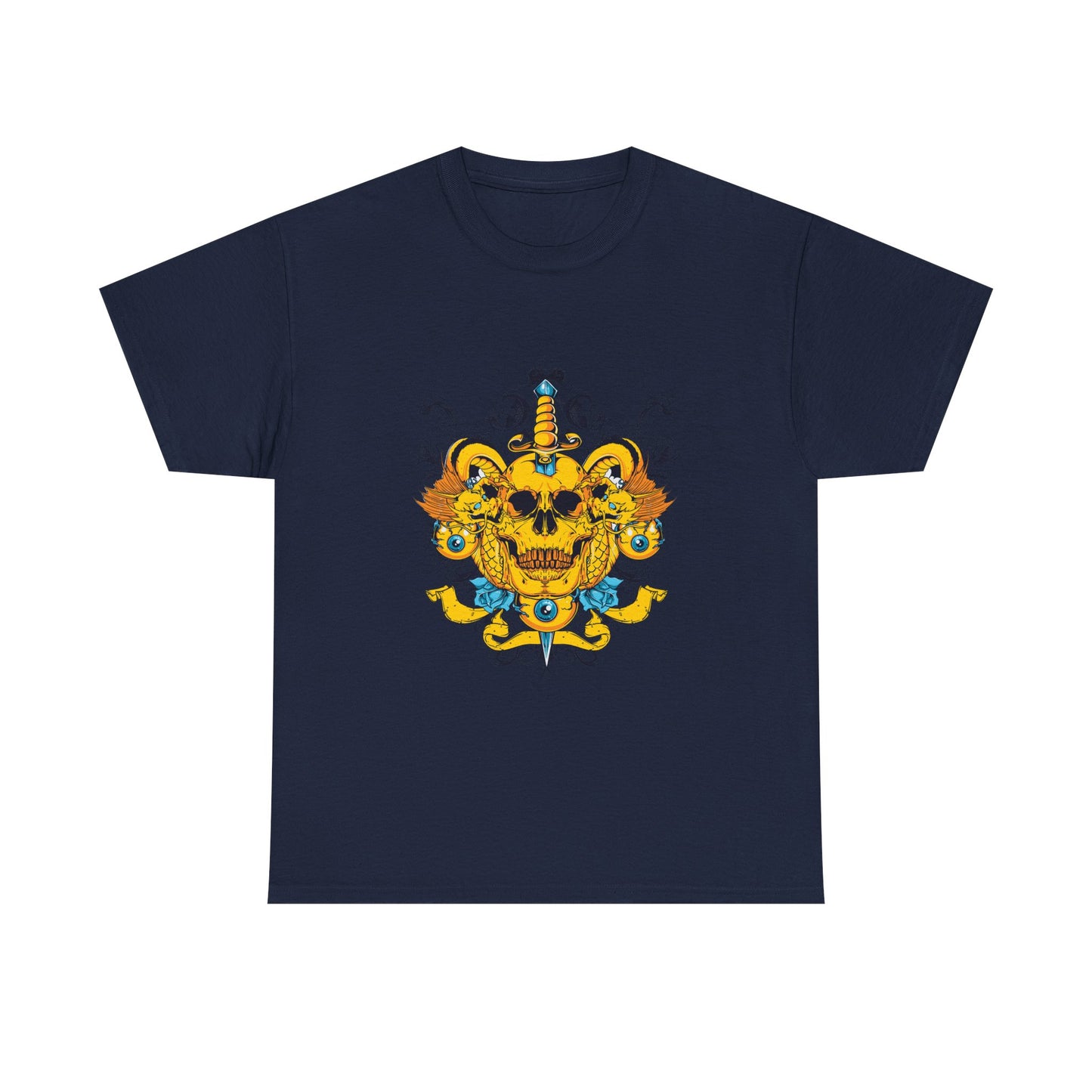Sophisticated navy men's t-shirt adorned with a vibrant yellow skull and dagger design, embodying a fusion of gothic elegance and contemporary style for the discerning individual.