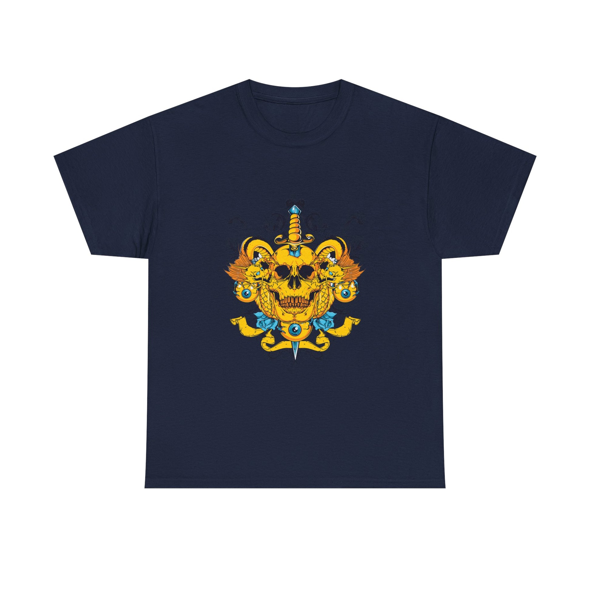 Sophisticated navy men's t-shirt adorned with a vibrant yellow skull and dagger design, embodying a fusion of gothic elegance and contemporary style for the discerning individual.