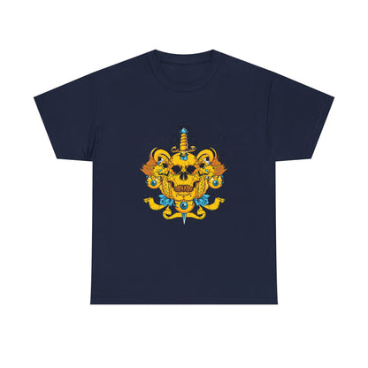 Stylish navy men's t-shirt featuring a dramatic skull graphic entwined with detailed scrolls, a striking dagger, and vibrant dragons, highlighted in luxurious gold-yellow and blue hues.