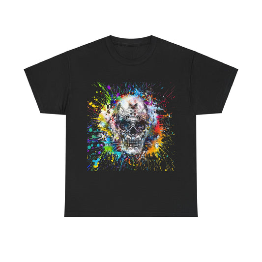 Color Splash Skull Tee, unisex cotton shirt in black showcasing a striking graphic skull art with colourful splashes, ideal for a bold fashion statement.