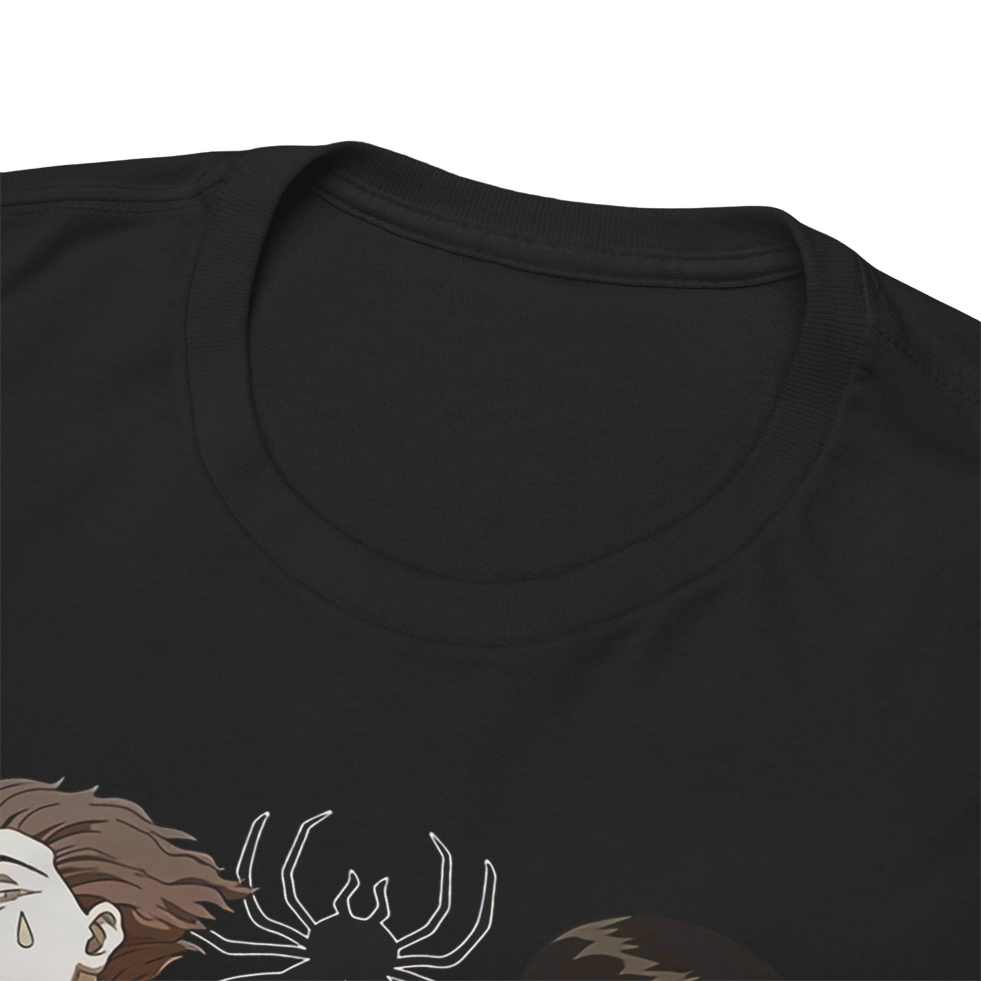 Close-up detail of the luxurious neckline of the Phantom Troupe graphic tee, highlighting premium fabric quality and exquisite design.