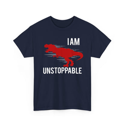 Chic navy men's t-shirt adorned with a striking red T-Rex silhouette and motivational text 'I AM UNSTOPPABLE' for a bold fashion statement.