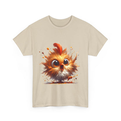 Explosive Joy Tee - Cartoon Bird Edition, featuring vibrant cartoon bird design on beige front of unisex cotton graphic t-shirt, embodying joy and elegance.