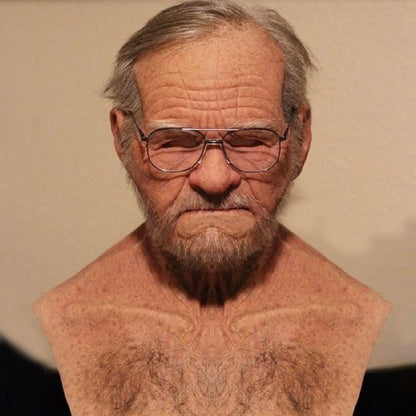 Old White Mask Bald Old Latex Headgear - Realistic elderly mask with glasses and beard, perfect for Halloween cosplay and themed parties.