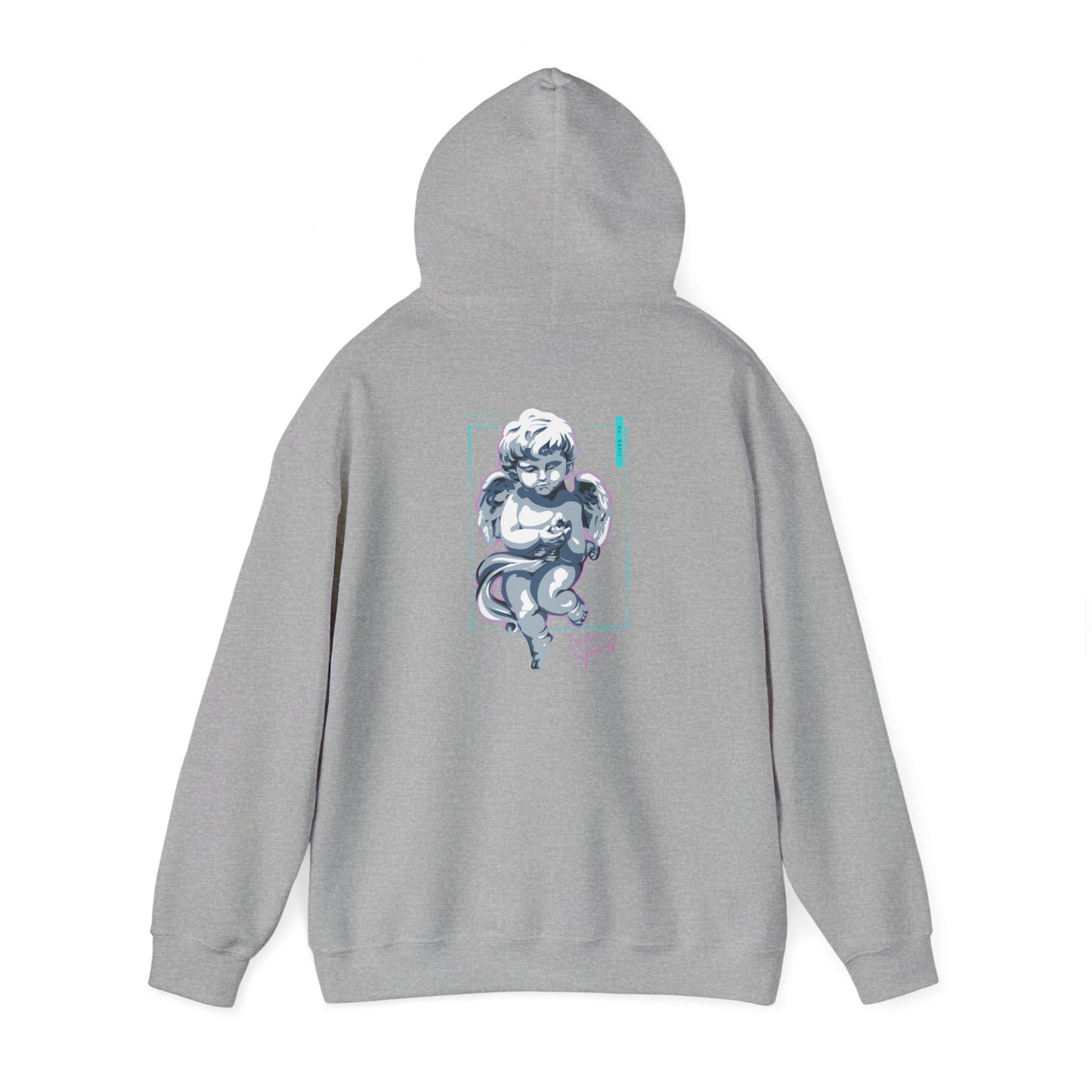 Back view of a luxurious grey hoodie featuring a captivating cherubic angel design in soft grayish-blue tones, elegantly framed with teal accents.