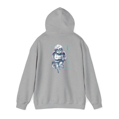Back view of a luxurious grey hoodie featuring a captivating cherubic angel design in soft grayish-blue tones, elegantly framed with teal accents.