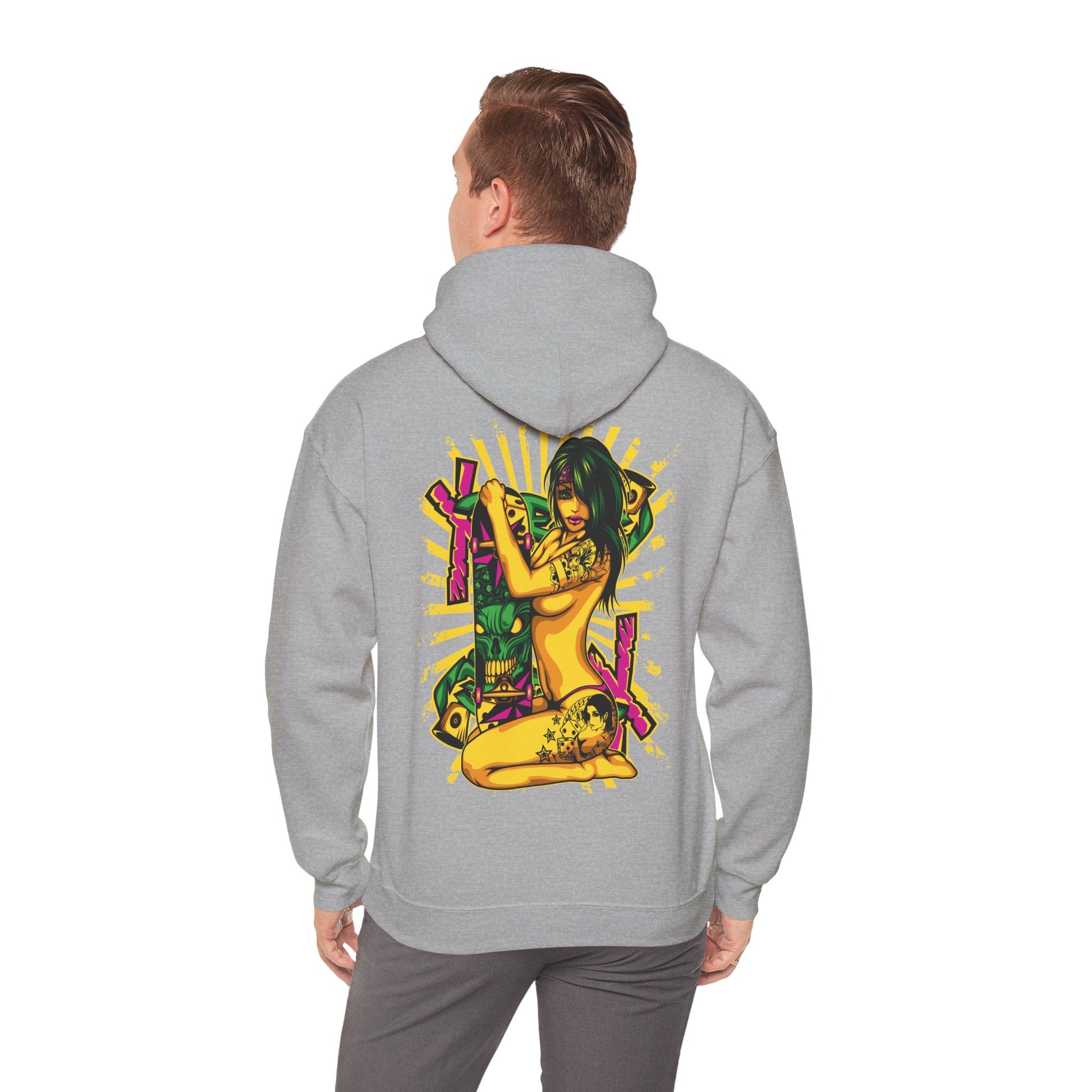 Stylish back view of a grey hoodie featuring an eye-catching pop art graphic of a confident woman, ideal for trendy streetwear.