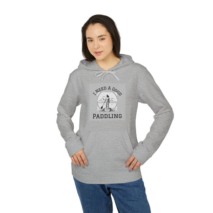 Model wearing the Adidas Women’s Fleece 'I Need a Good Paddling' Hoodie in Grey, perfect for paddleboard adventures.